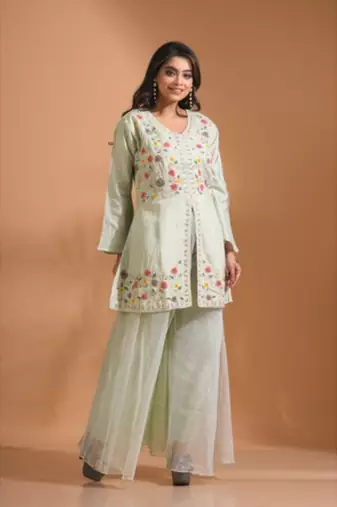 Green  plazo set with hand embroidery