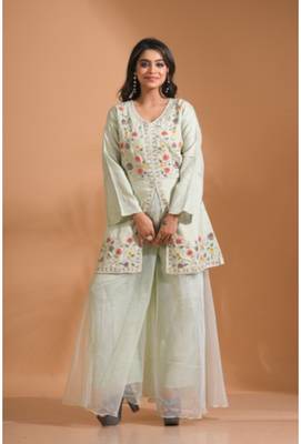 Green  plazo set with hand embroidery 3