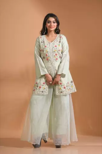 Green  plazo set with hand embroidery