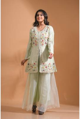 Green  plazo set with hand embroidery 4