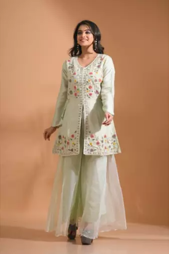 Green  plazo set with hand embroidery