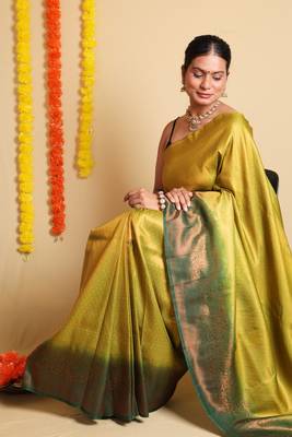 Elegant Yellow Saree with Green Zari Border and blouse 7