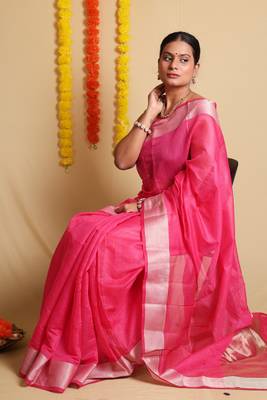 Timeless Pink Plain Cotton Saree with Blouse 7