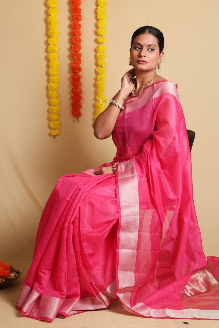 Timeless Pink Plain Cotton Saree with Blouse