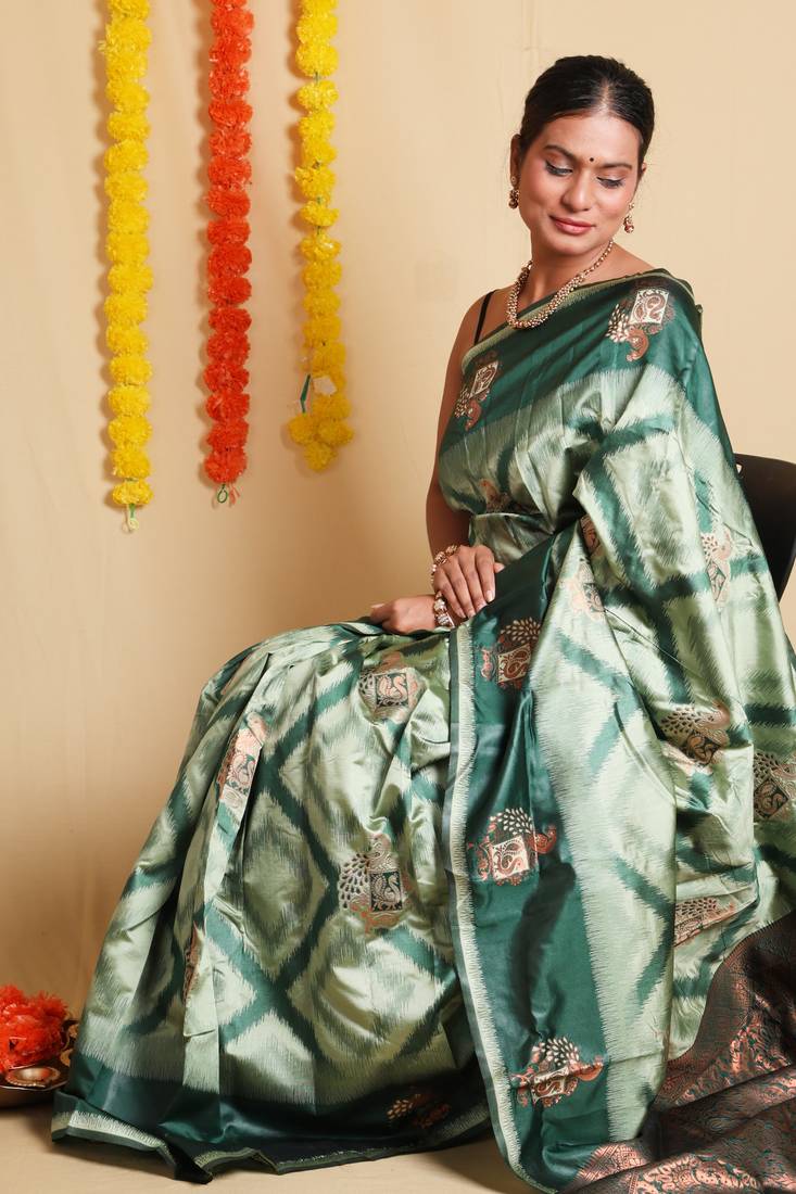 Verdant Temple Motif Cotton Saree with Blouse