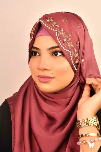 Magenta luxury bridal wedding wear hijab scarf   with handwork