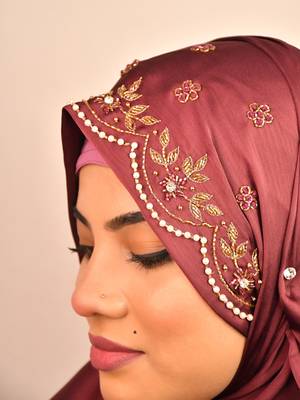 Magenta luxury bridal wedding wear hijab scarf   with handwork 3