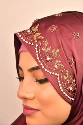 Magenta luxury bridal wedding wear hijab scarf   with handwork