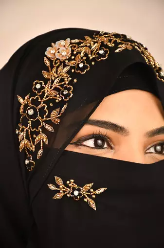 Black luxury bridal wedding wear hijab scarf   with handwork naqab