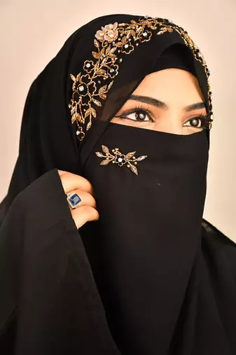 Black luxury bridal wedding wear hijab scarf   with handwork naqab