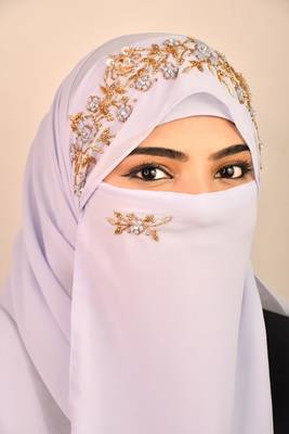 Lavender luxury bridal wedding wear hijab scarf   with handwork naqab 2