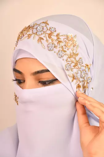 Lavender luxury bridal wedding wear hijab scarf   with handwork naqab
