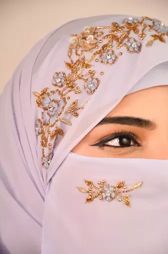 Lavender luxury bridal wedding wear hijab scarf   with handwork naqab