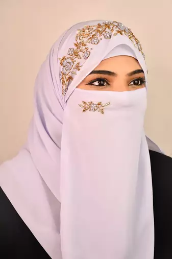 Lavender luxury bridal wedding wear hijab scarf   with handwork naqab
