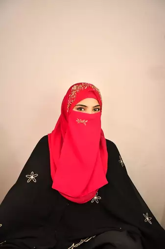 Wrap My Hijab Rani Pink Embroidered Hijab Scarf – Floral Beaded Design, 60×39 cm