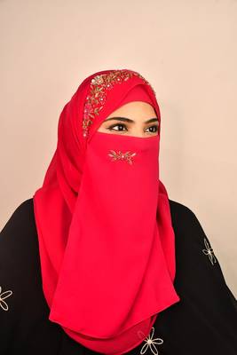 Rani Pink Embroidered Hijab Scarf – Floral Beaded Design, 60×39 cm 5