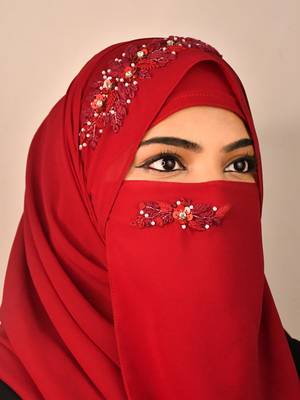 maroon party wear hijab with handwork naqab 1
