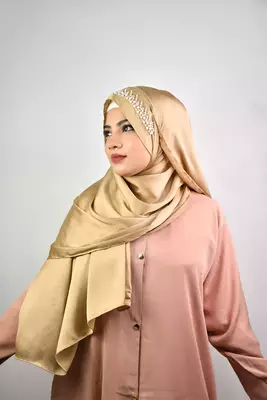 Gold Satin Wedding Hijab with Pearl Embellishments 1