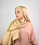 Gold Satin Wedding Hijab with Pearl Embellishments