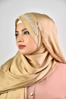 Gold Satin Wedding Hijab with Pearl Embellishments 2