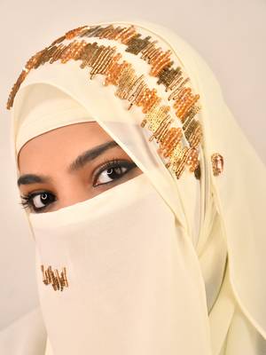 Cream Georgette Multicolor Sequin Work Hijab with Face Covering 1