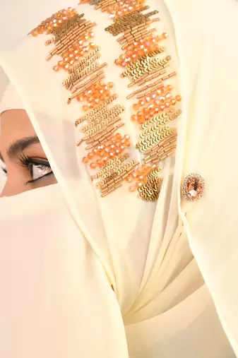 Cream Georgette Multicolor Sequin Work Hijab with Face Covering