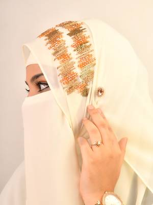 Cream Georgette Multicolor Sequin Work Hijab with Face Covering 3
