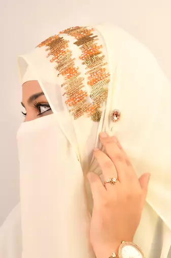 Cream Georgette Multicolor Sequin Work Hijab with Face Covering