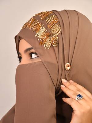dust beige georgette hijab with handcrafted naqab and zari bead embellishments 1