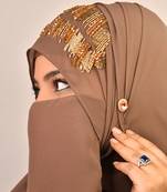 dust beige georgette hijab with handcrafted naqab and zari bead embellishments