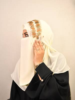 Cream Georgette Multicolor Sequin Work Hijab with Face Covering 4
