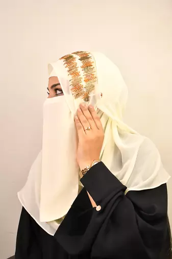 Cream Georgette Multicolor Sequin Work Hijab with Face Covering