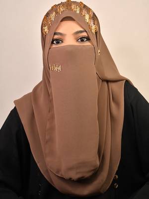 dust beige georgette hijab with handcrafted naqab and zari bead embellishments 2