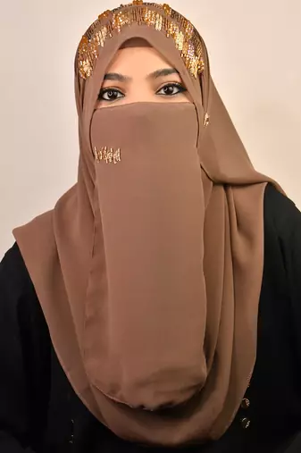 dust beige georgette hijab with handcrafted naqab and zari bead embellishments