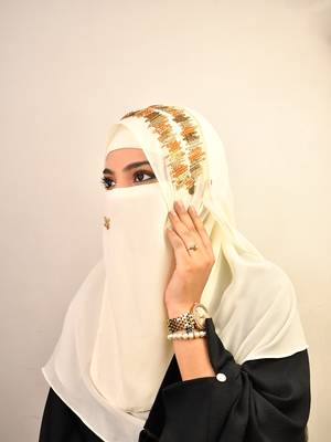 Cream Georgette Multicolor Sequin Work Hijab with Face Covering 5