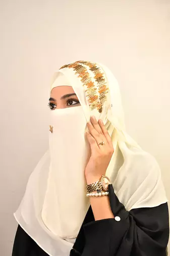 Cream Georgette Multicolor Sequin Work Hijab with Face Covering