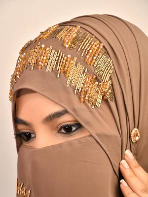 dust beige georgette hijab with handcrafted naqab and zari bead embellishments 3