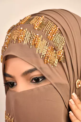dust beige georgette hijab with handcrafted naqab and zari bead embellishments