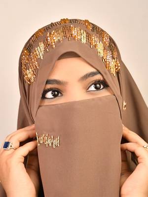 dust beige georgette hijab with handcrafted naqab and zari bead embellishments 4