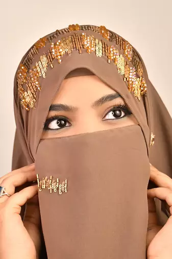 dust beige georgette hijab with handcrafted naqab and zari bead embellishments