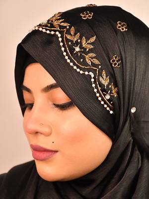 Black luxury bridal wedding wear hijab scarf   with handwork 3