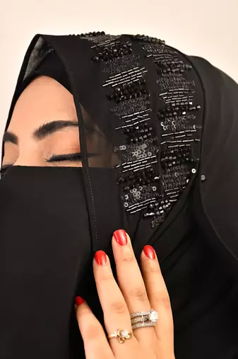 wrap my hijab black handcrafted sequin georgette hijab set