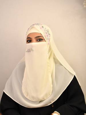 Cream luxury bridal wedding wear hijab scarf   with handwork naqab 1