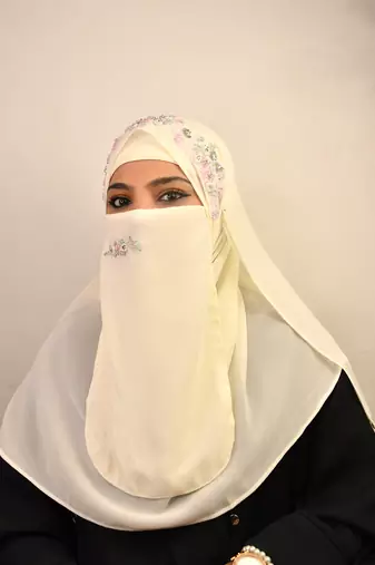 Cream luxury bridal wedding wear hijab scarf   with handwork naqab