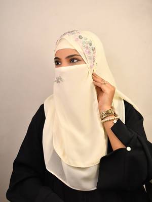 Cream luxury bridal wedding wear hijab scarf   with handwork naqab 3