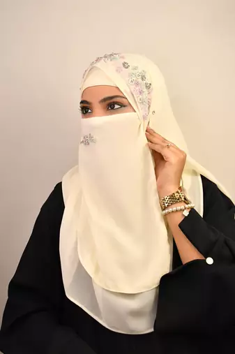 Cream luxury bridal wedding wear hijab scarf   with handwork naqab