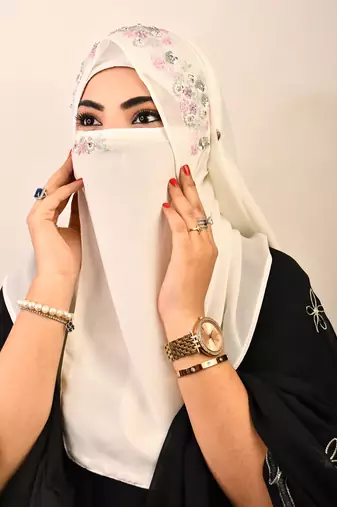 White luxury bridal wedding wear hijab scarf   with handwork naqab