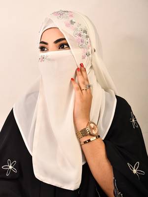 White luxury bridal wedding wear hijab scarf   with handwork naqab 3