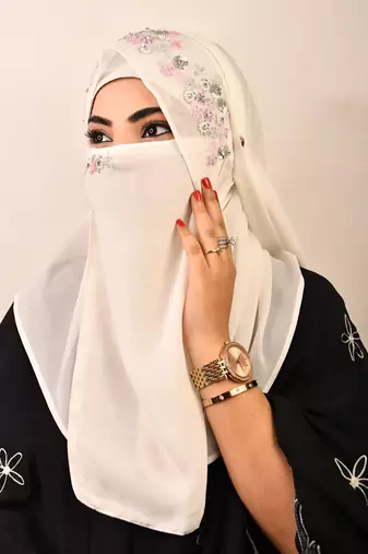 White luxury bridal wedding wear hijab scarf   with handwork naqab
