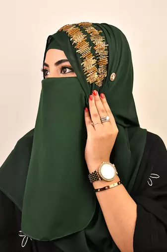 wrap my hijab georgette handwork party scarf set – dark green